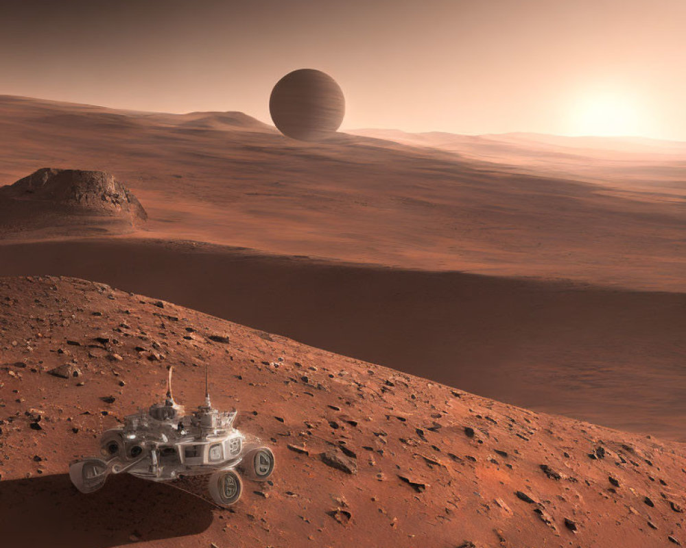 Martian landscape with rover and large planet in sky