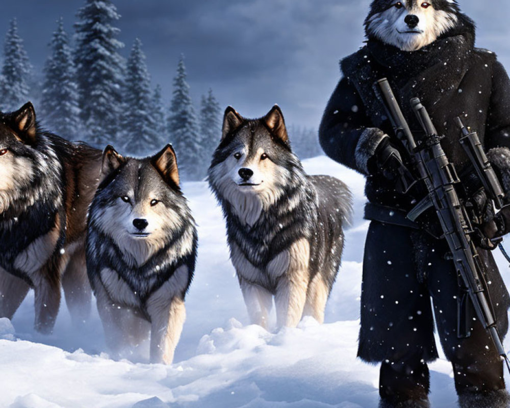 Person in Black Coat with Gun and Three Huskies in Snowy Pine Tree Landscape