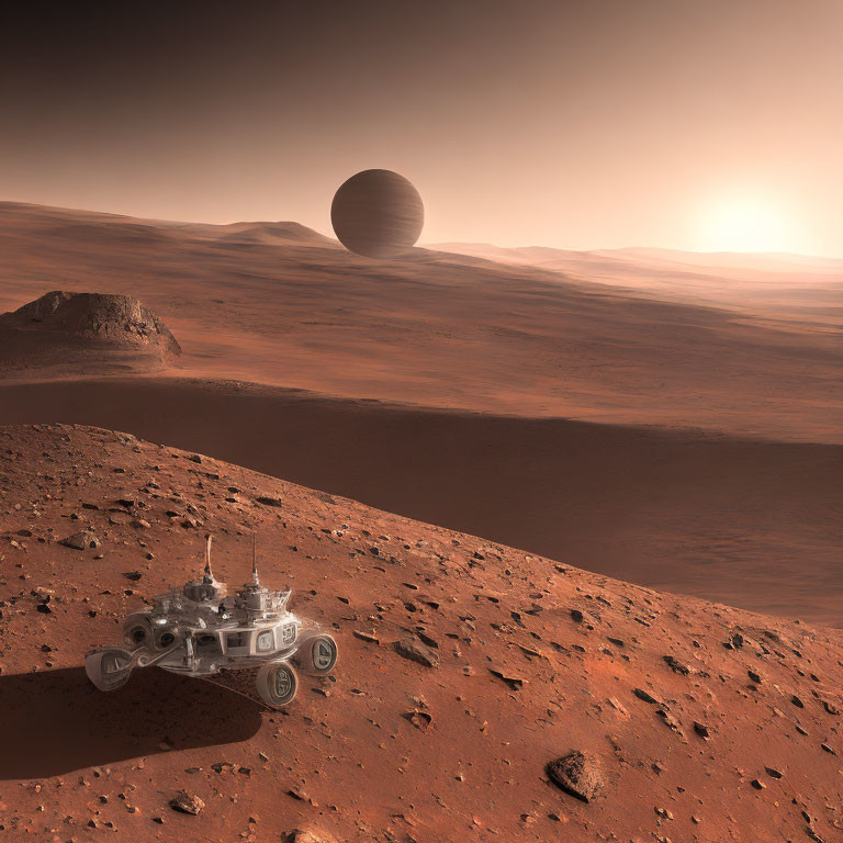 Martian landscape with rover and large planet in sky