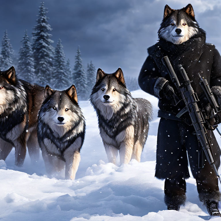 Person in Black Coat with Gun and Three Huskies in Snowy Pine Tree Landscape