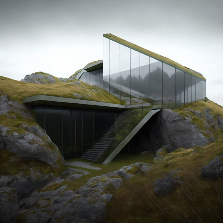 Angular glass house in rocky terrain under overcast skies