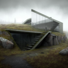 Angular glass house in rocky terrain under overcast skies