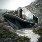 Modern House with Glass Walls in Rocky Landscape: Multi-level, Green Roof, External Stairs