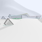 Alpine lodges with triangular snow-covered roofs in snowy mountain landscape