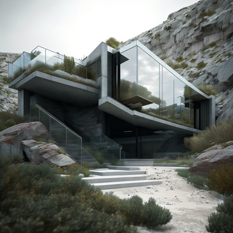 Modern House with Glass Walls in Rocky Landscape: Multi-level, Green Roof, External Stairs