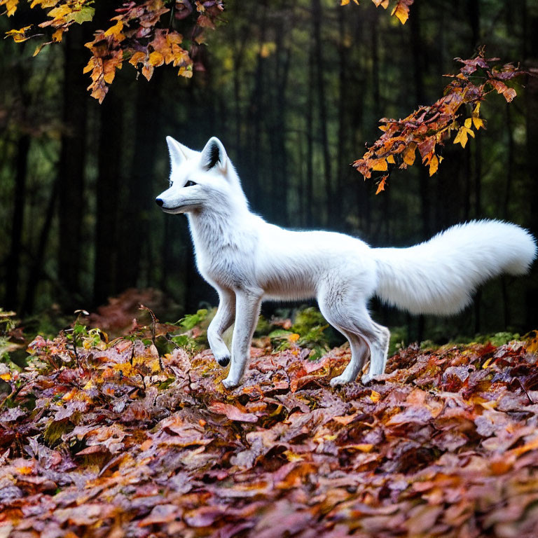 White Fox Among Autumn Leaves in Forest