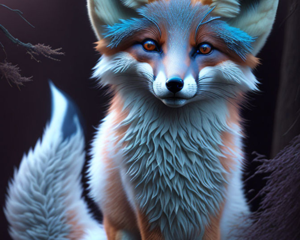 Stylized fox digital illustration with blue accents in forest setting