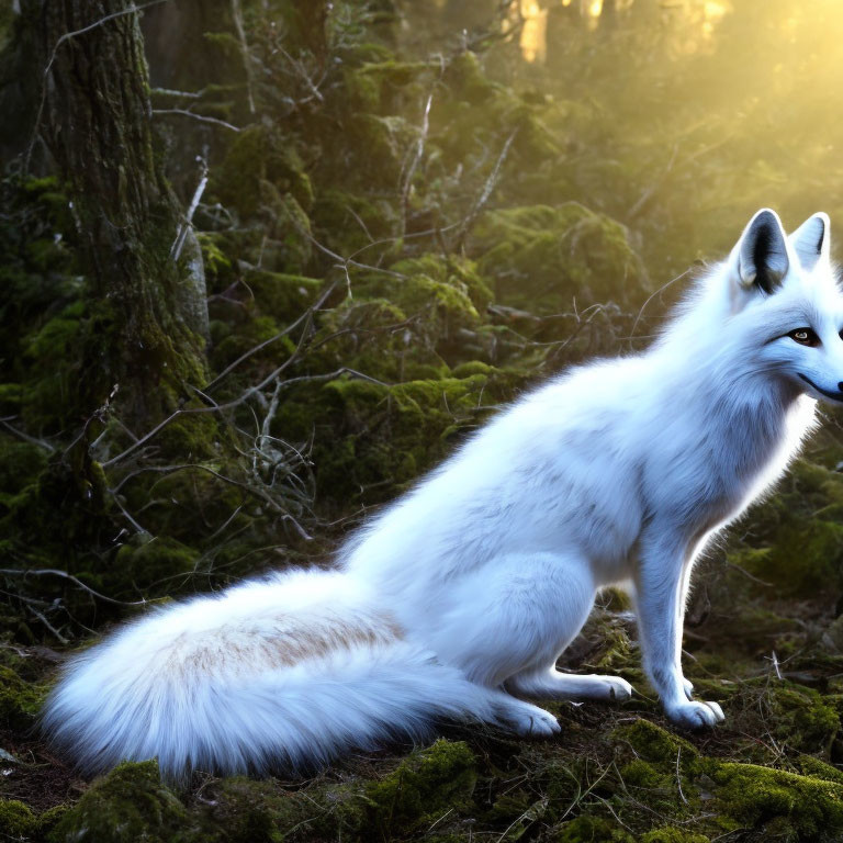 White fox in mossy forest with sunlight filtering through trees