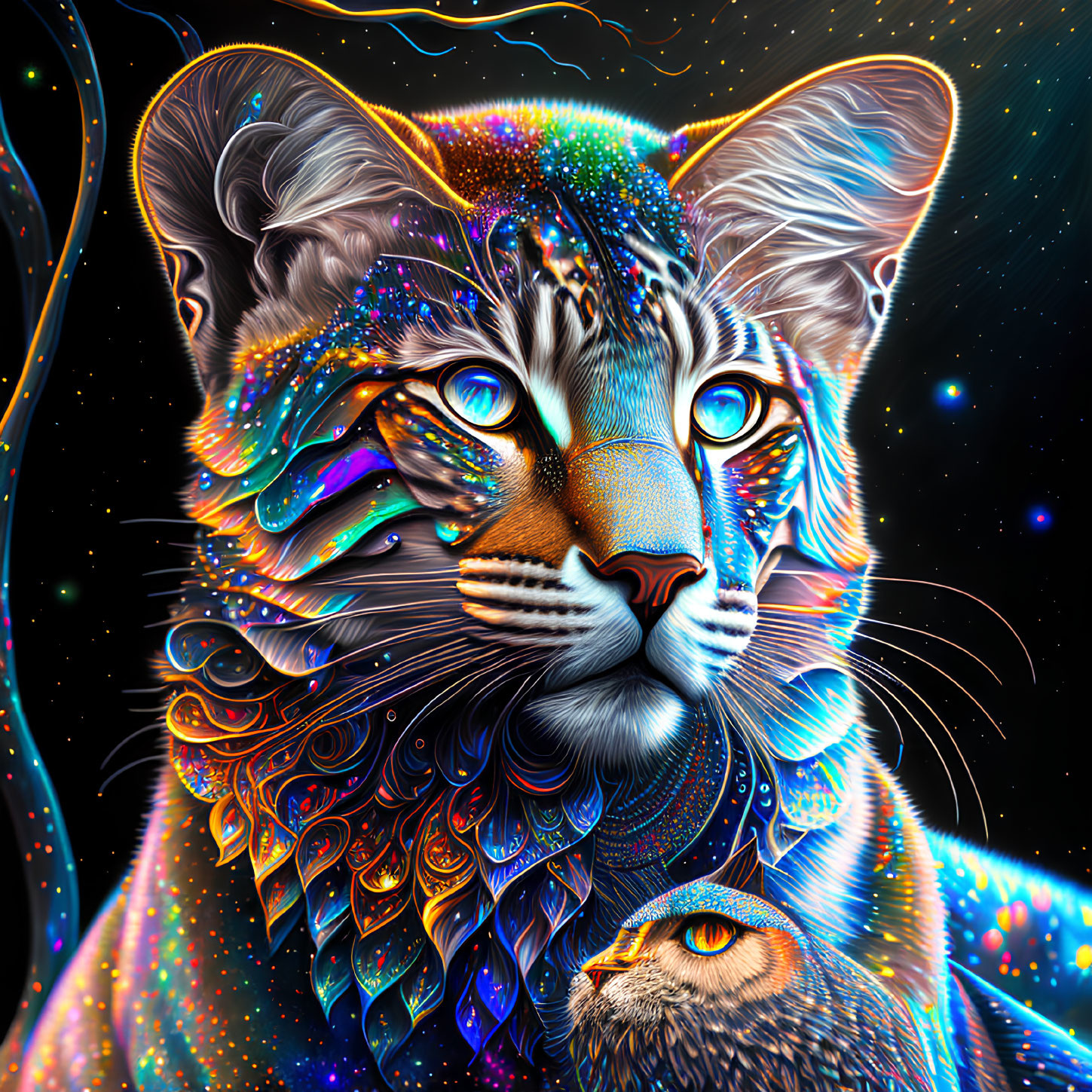 Colorful Psychedelic Lion Art with Owl in Mane & Starry Background