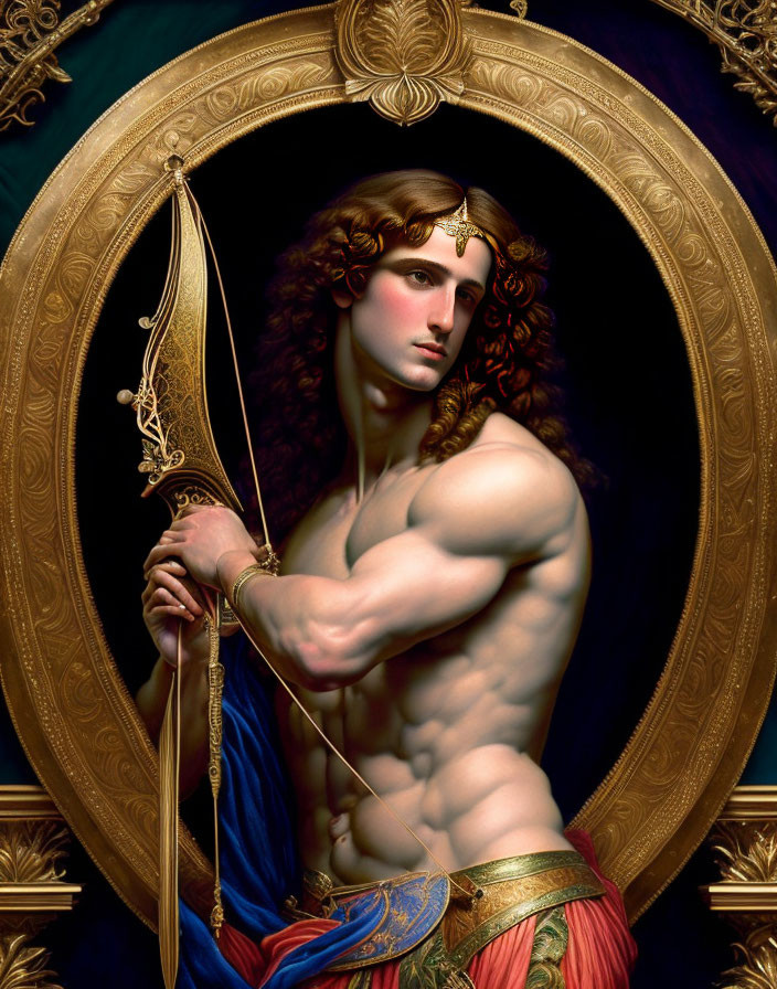 Muscular male figure with golden crown and bow in ornate circular frame