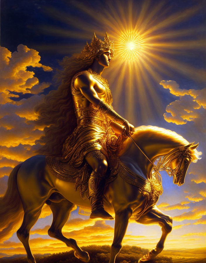 Golden-armored warrior on horseback under radiant sun in dramatic sky