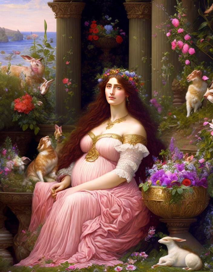 Woman in Pink Draped Gown Surrounded by Rabbits and Flowers