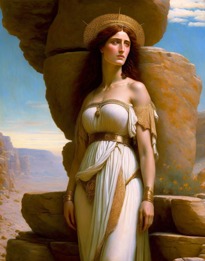 Classical woman in white robes with golden halo against grand canyon backdrop