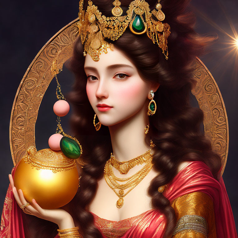 Woman in ornate golden headdress with mystical aura and orb on dark background