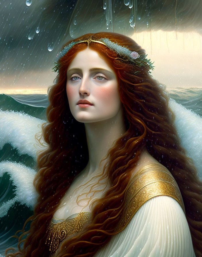 Red-Haired Woman with Floral Crown in Stormy Seas Scene