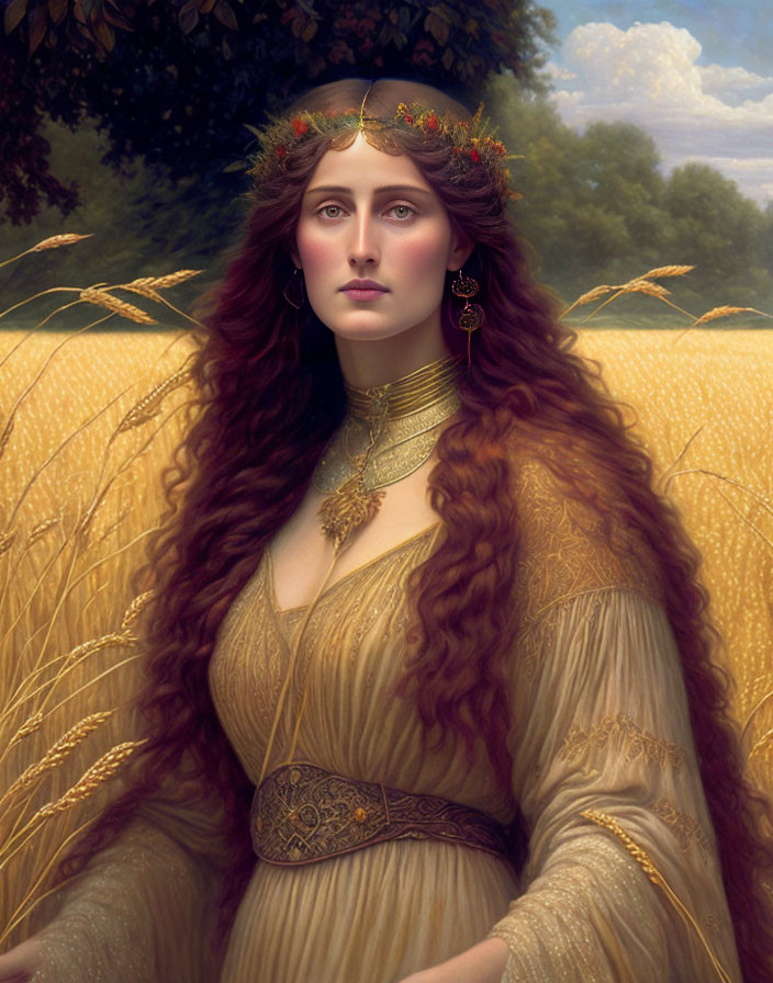 Regal woman portrait with red hair, golden crown, and wheat field background