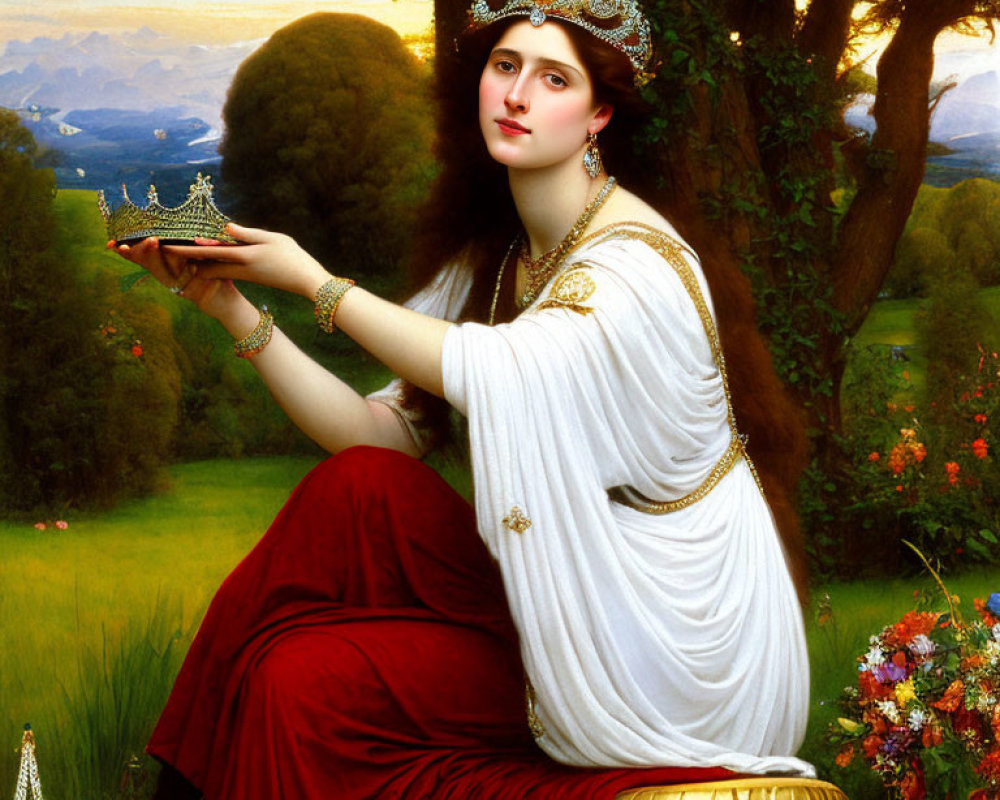 Historical attire woman holding crown in serene landscape