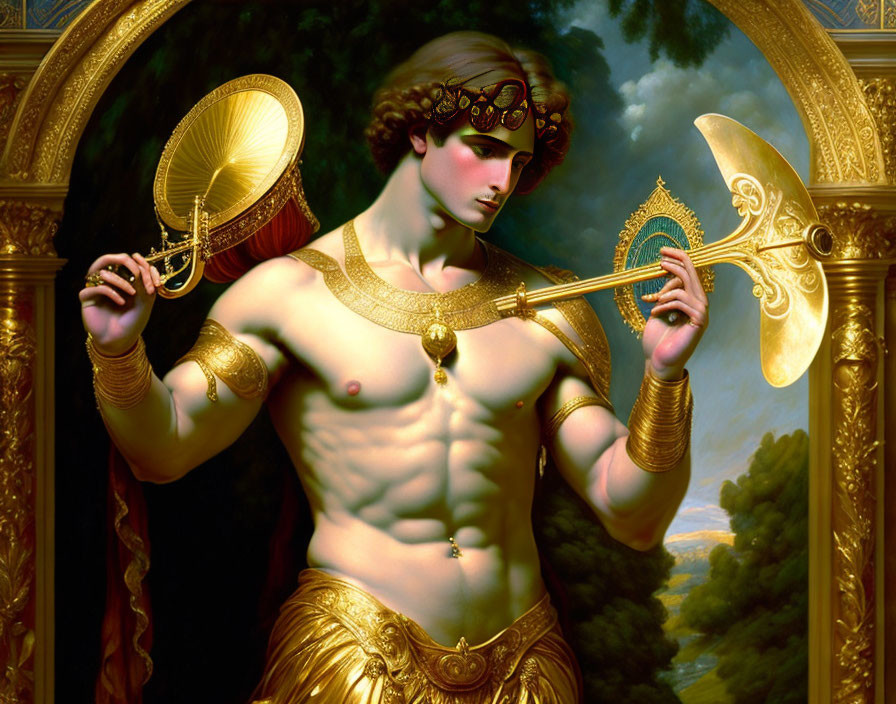 Detailed Digital Painting of Mythological Figure with Golden Axe, Crown, and Armor