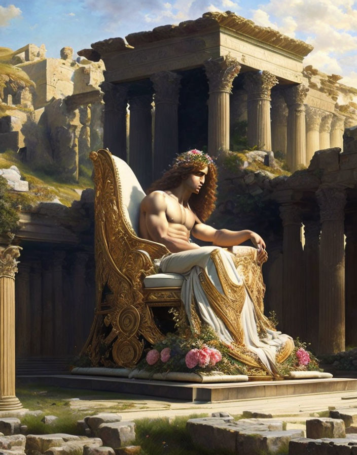 Regal figure in laurel wreath on golden throne amidst ancient ruins