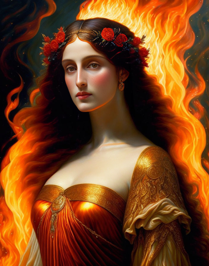 Serene woman in red and gold dress with floral headpiece engulfed by swirling flames