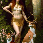 Majestic woman with antlers in golden forest outfit with serene deer