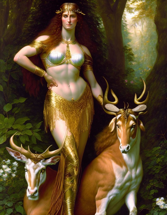 Majestic woman with antlers in golden forest outfit with serene deer