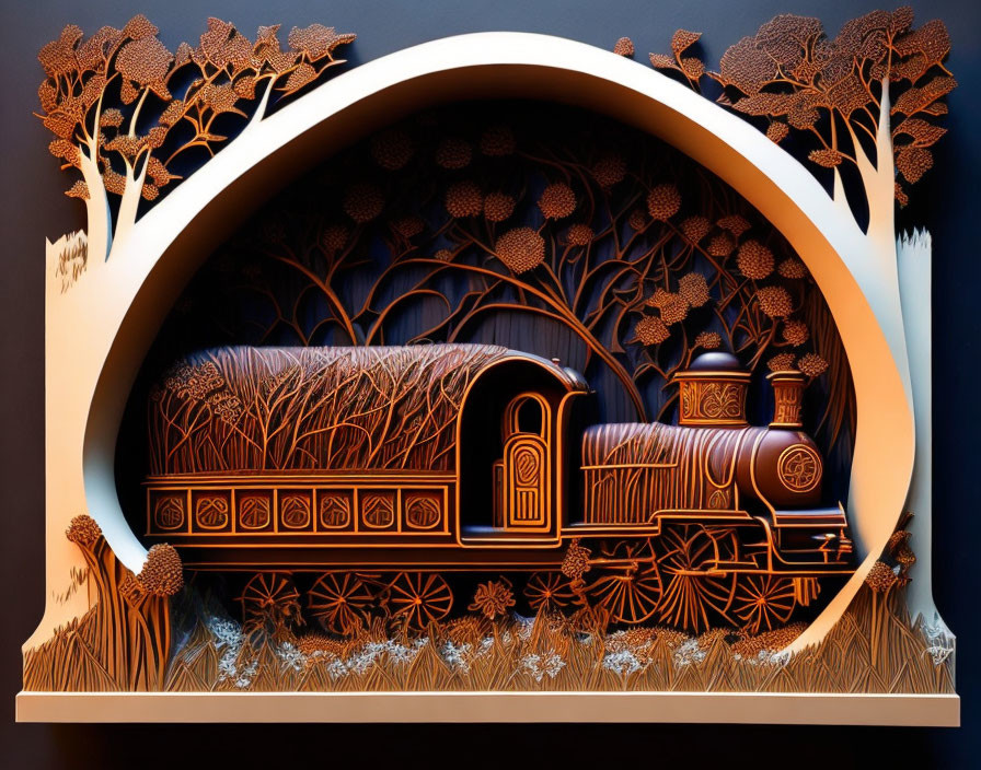 Detailed 3D vintage train artwork in forest scene with warm tones