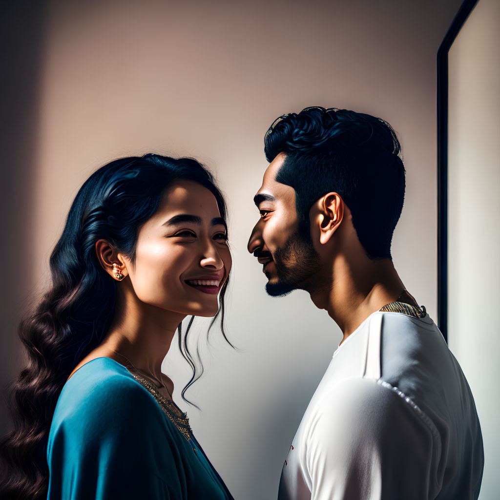 Close-Up Side Profile of Smiling Man and Woman in South Asian Cultural Attire