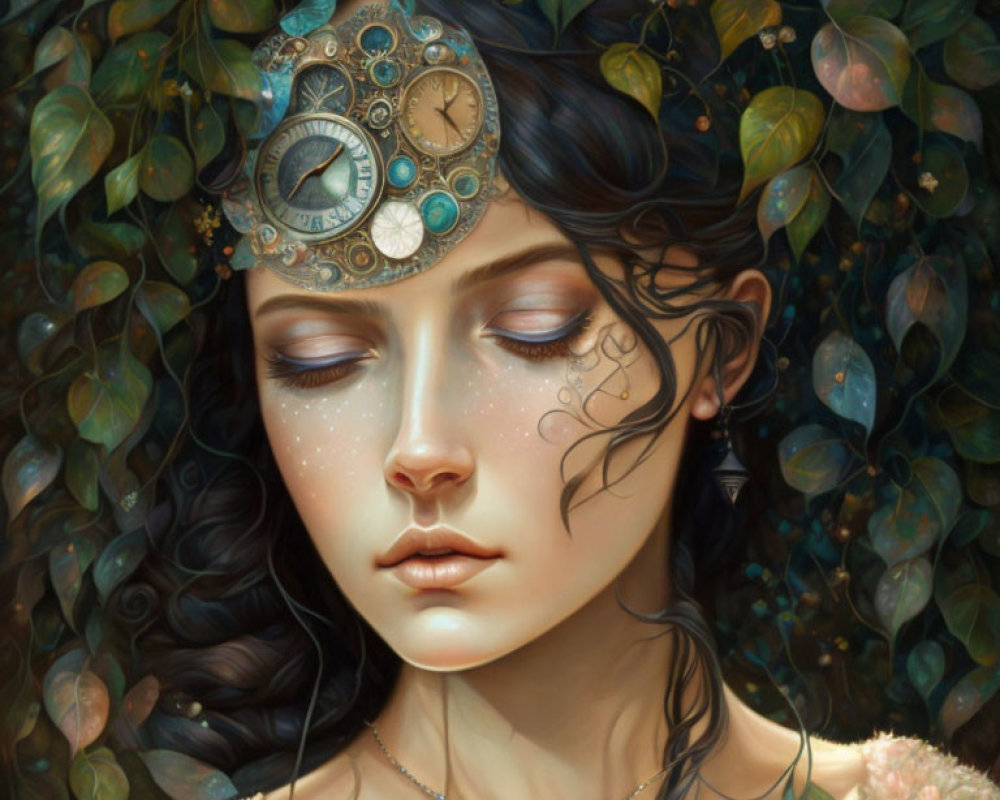 Clockwork headpiece adorns woman in lush greenery.