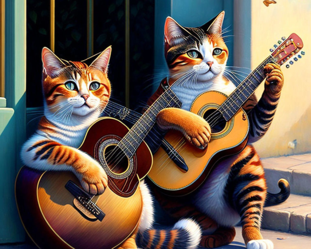 Cartoon cats with human-like features playing guitars by a doorstep