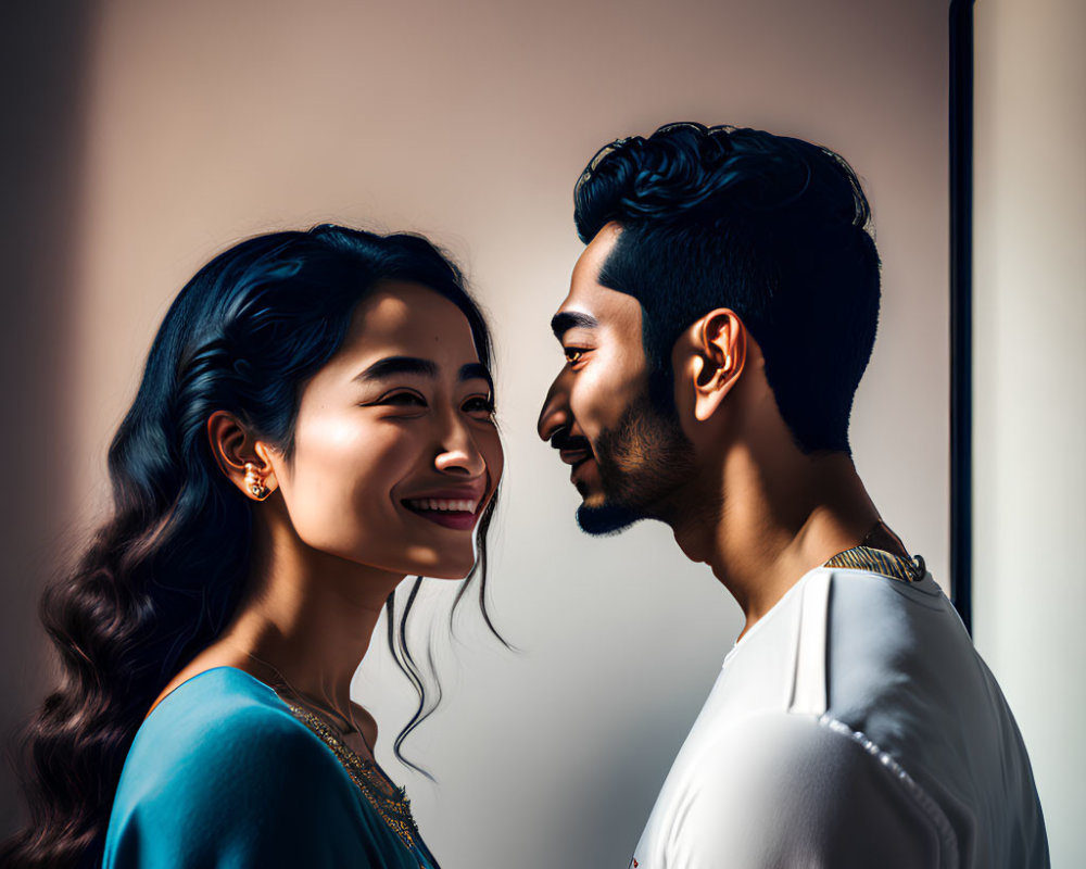 Close-Up Side Profile of Smiling Man and Woman in South Asian Cultural Attire