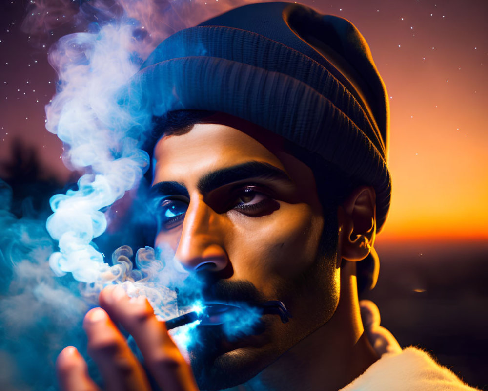 Man in Beanie Exhaling Smoke Against Twilight Sky Gradient