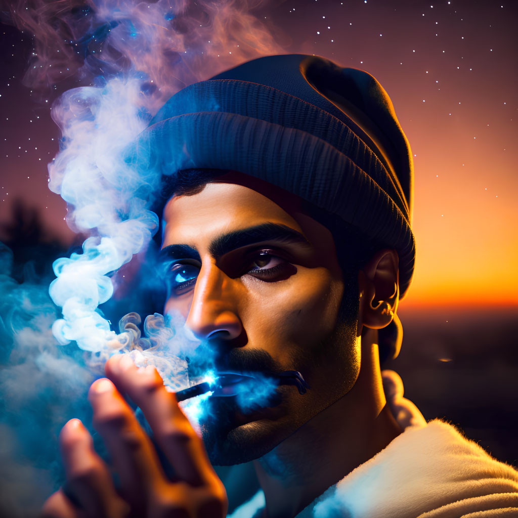 Man in Beanie Exhaling Smoke Against Twilight Sky Gradient