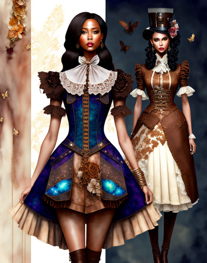 Illustrated women in steampunk outfits with celestial motifs and intricate details.