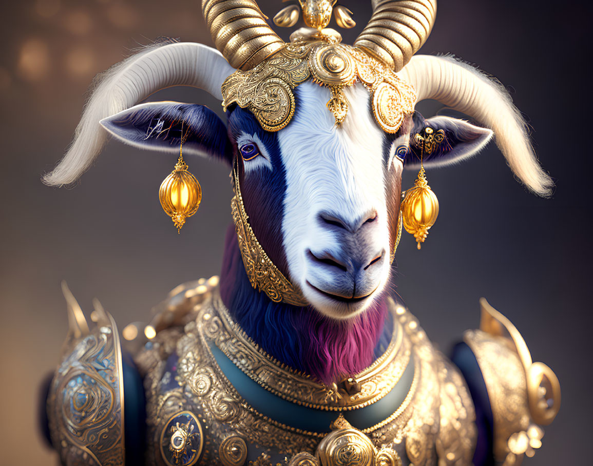 Majestic goat with golden ornaments and purple fur