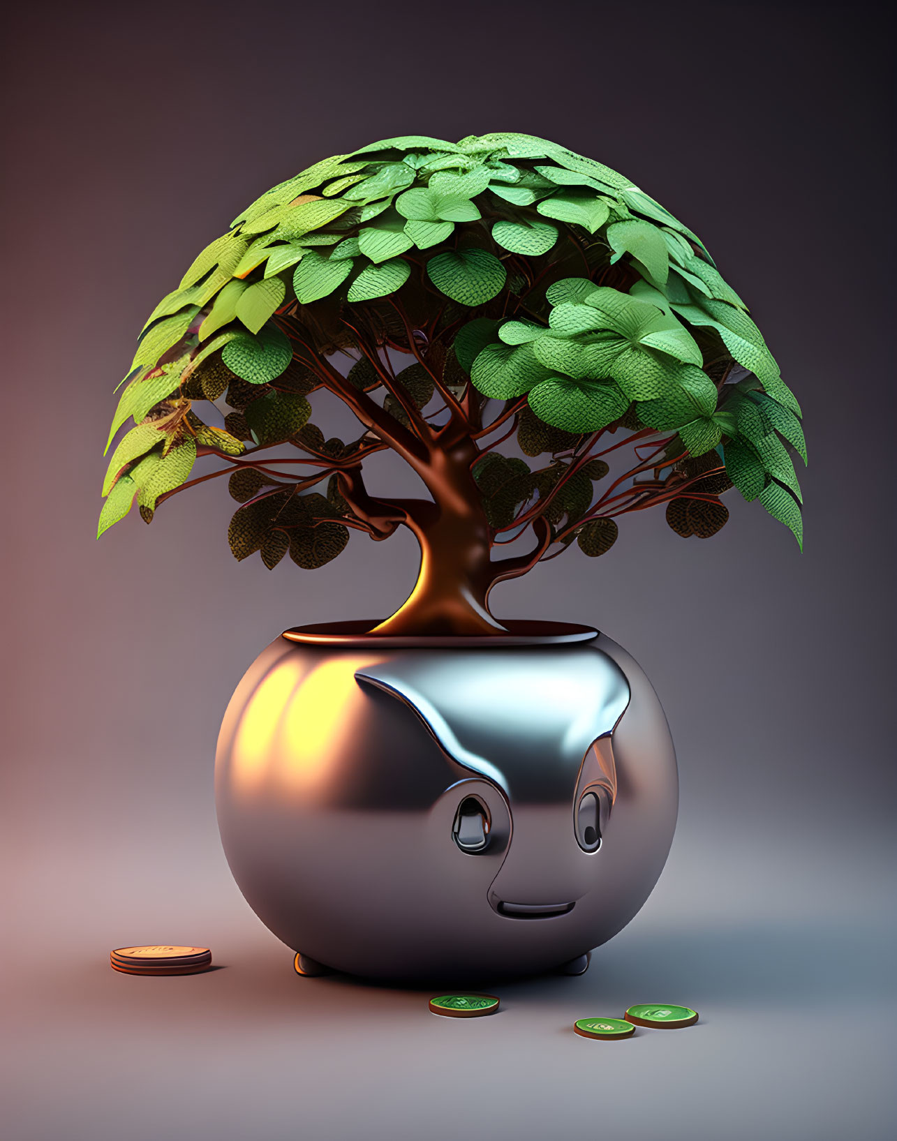 Silver Pot with Cute Face Design Growing Tree and Coins - Image Description