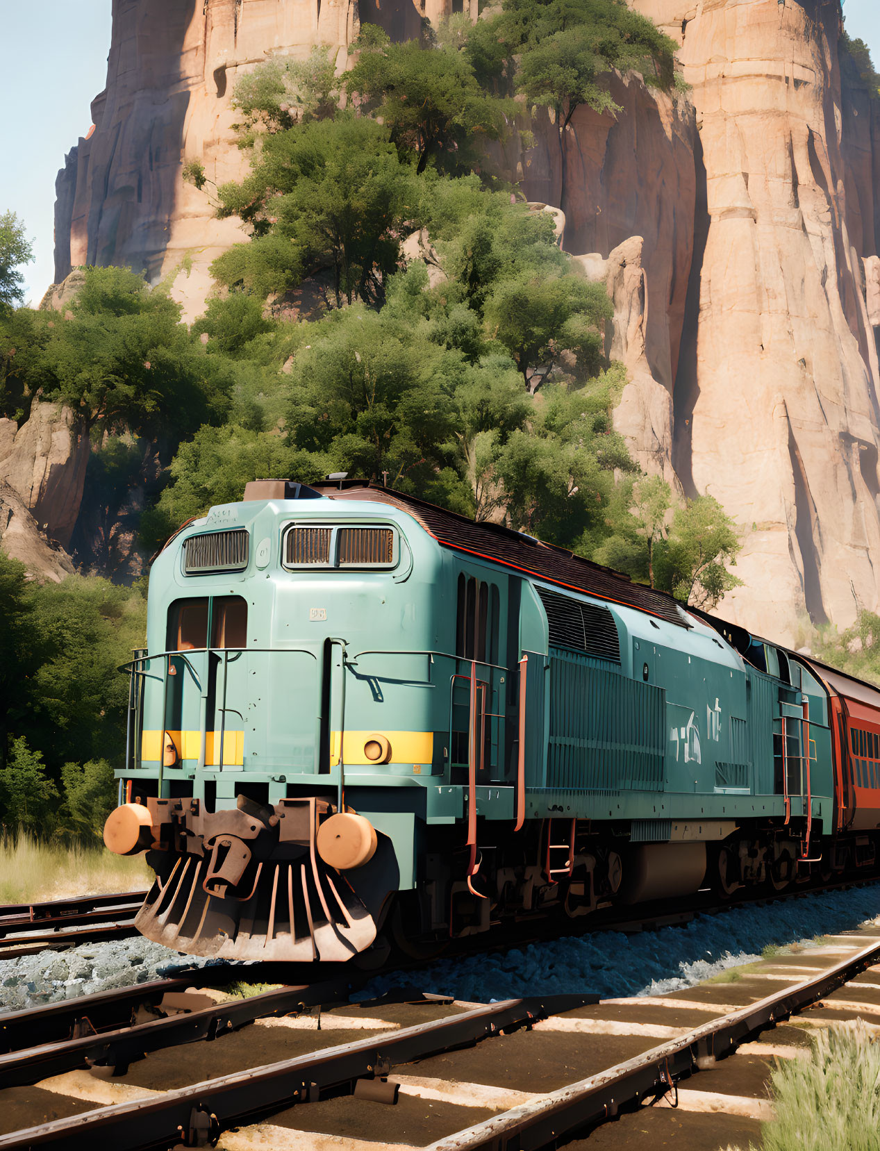 Diesel locomotive pulling red carriages on tracks with tall cliffs.