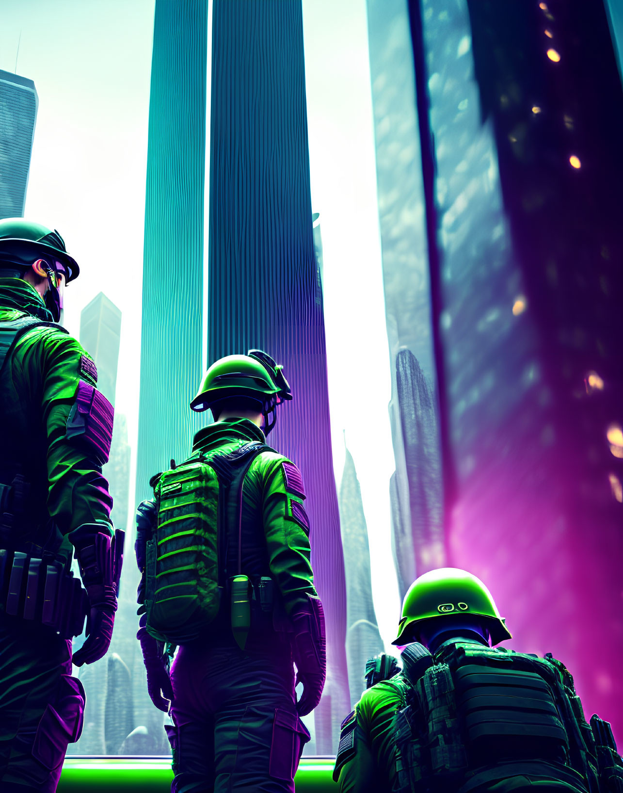 Futuristic soldiers in green armor gazing at neon-lit skyscrapers