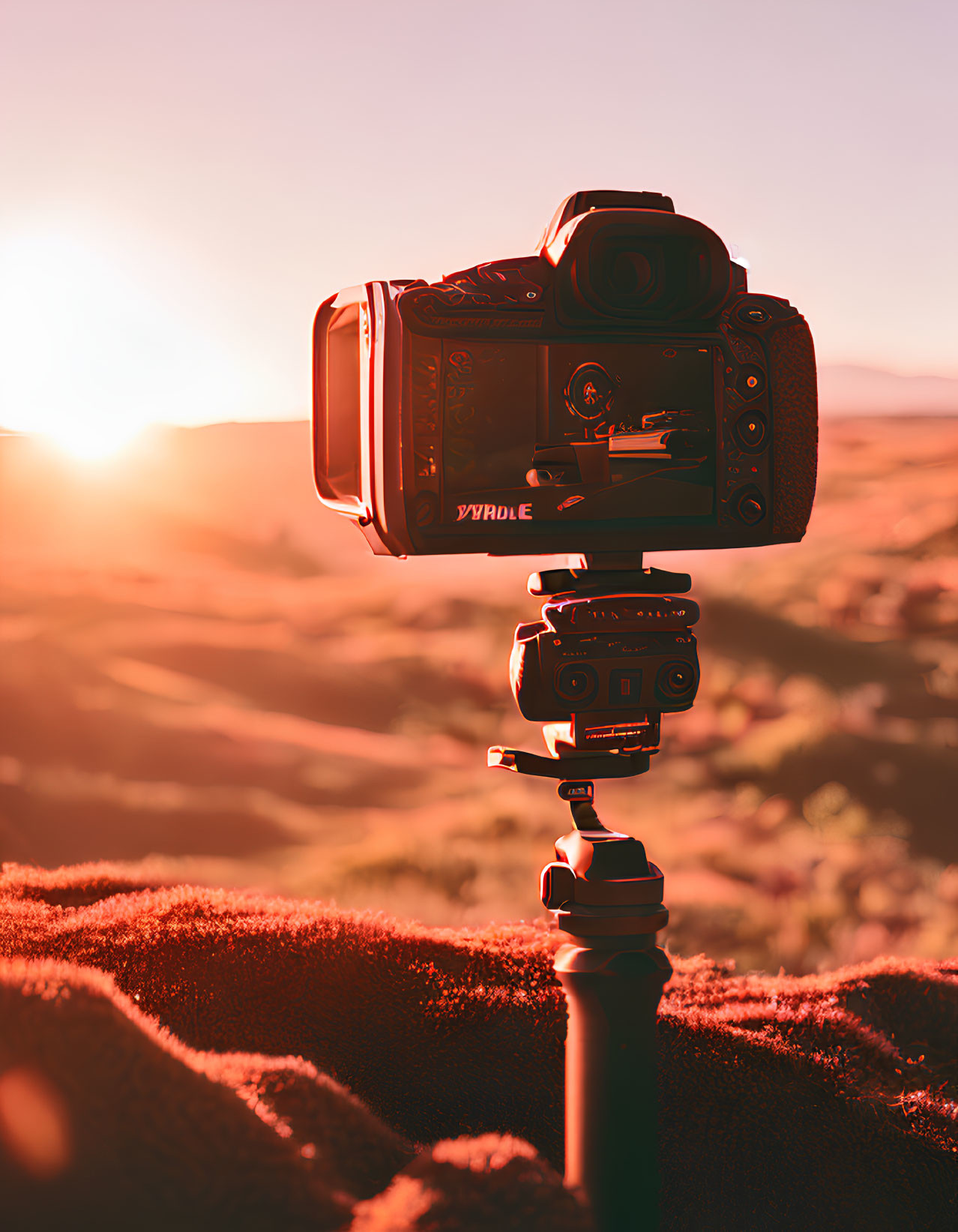 Camera on tripod capturing desert landscape at golden sunset with soft focus on dunes