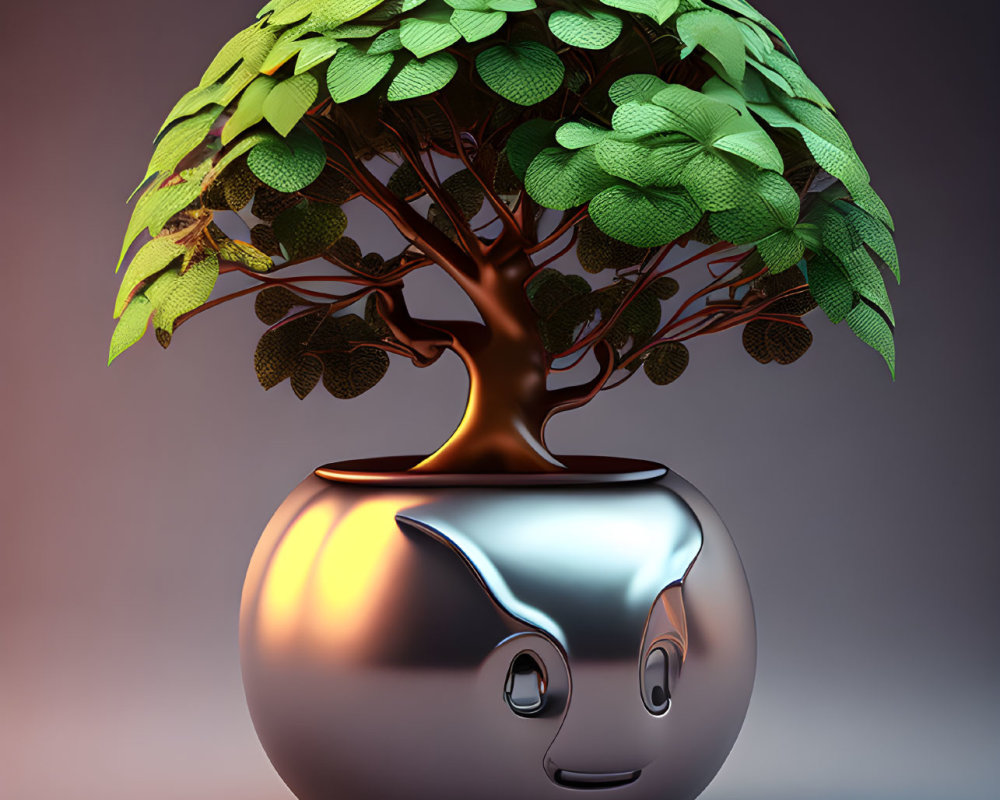 Silver Pot with Cute Face Design Growing Tree and Coins - Image Description