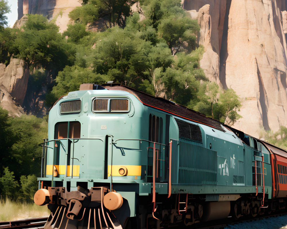 Diesel locomotive pulling red carriages on tracks with tall cliffs.