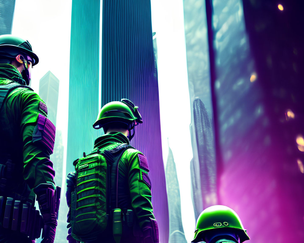 Futuristic soldiers in green armor gazing at neon-lit skyscrapers