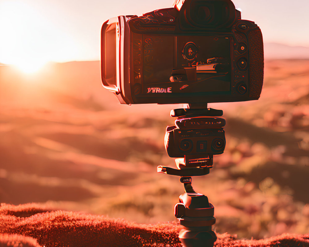 Camera on tripod capturing desert landscape at golden sunset with soft focus on dunes