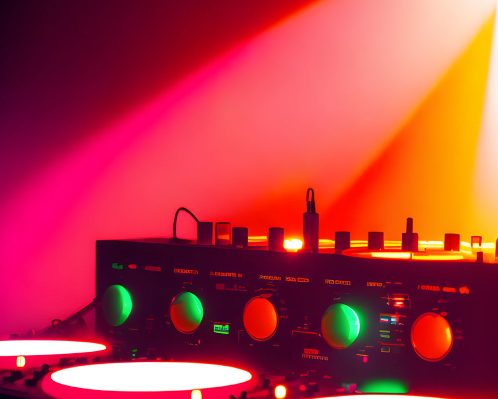 Glowing turntables and mixer under red and yellow stage lights