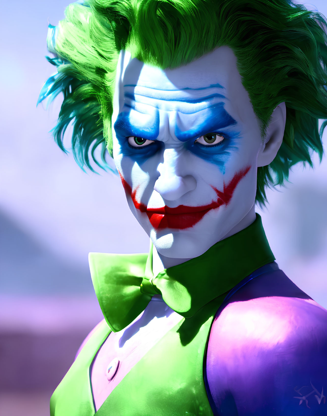 Colorful portrait of person with green hair, clown makeup, red smile, blue eyes, purple &