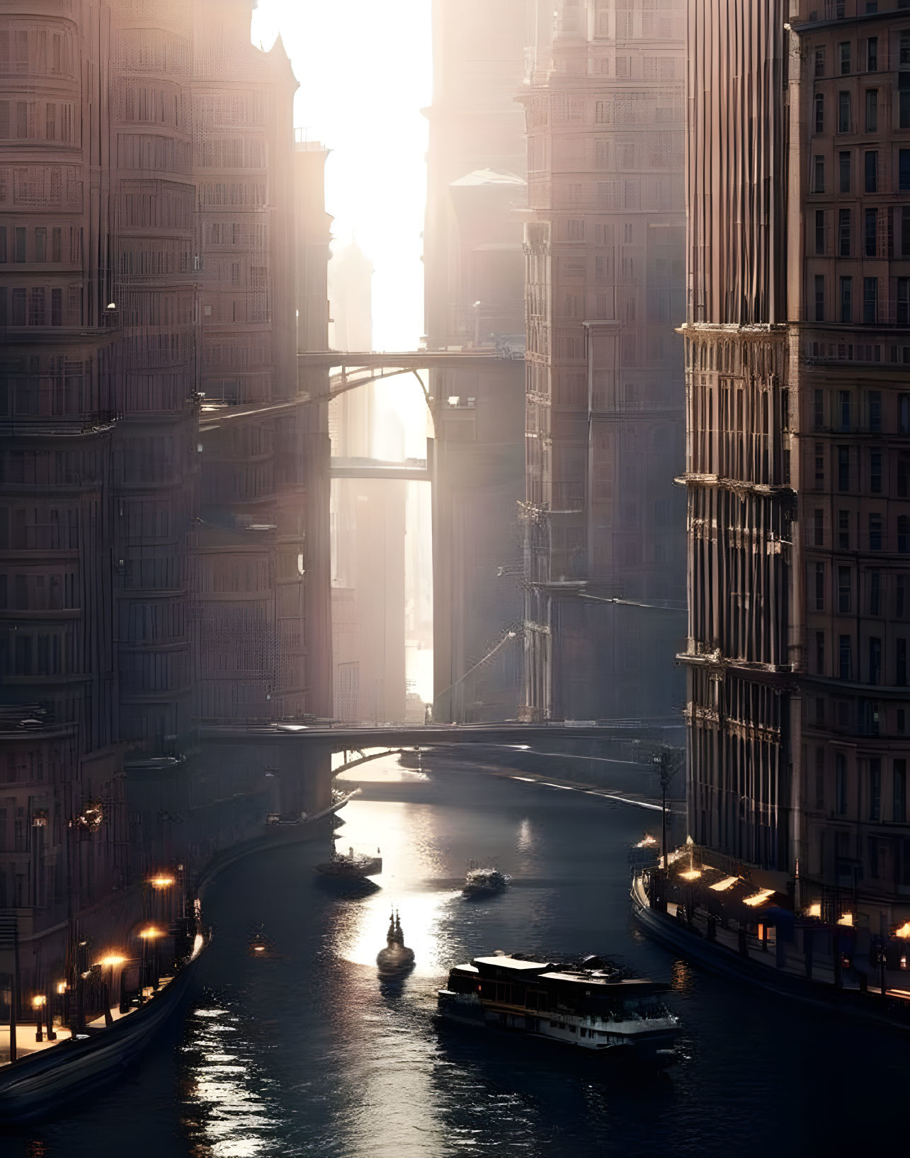 Cityscape at Sunrise with River, Boats, and Bridge