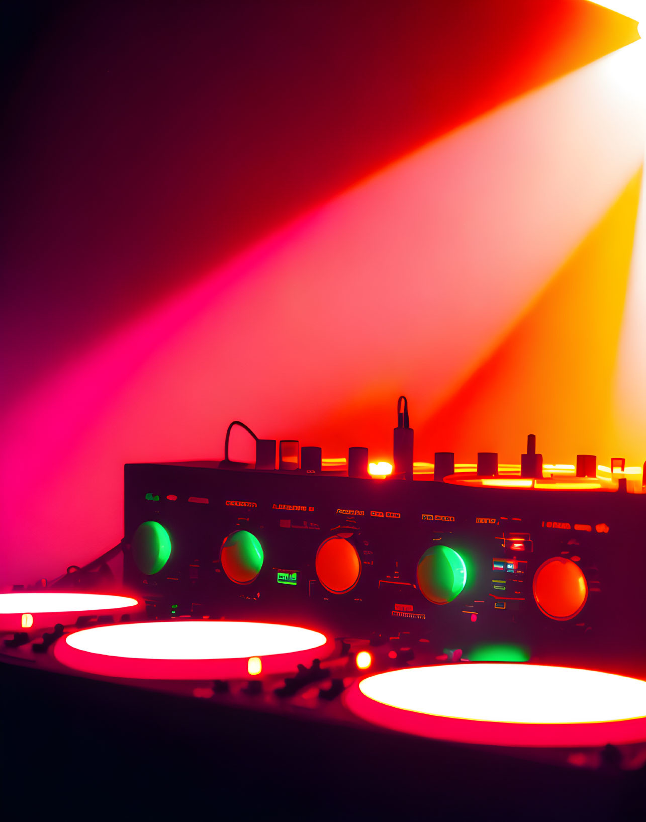 Glowing turntables and mixer under red and yellow stage lights