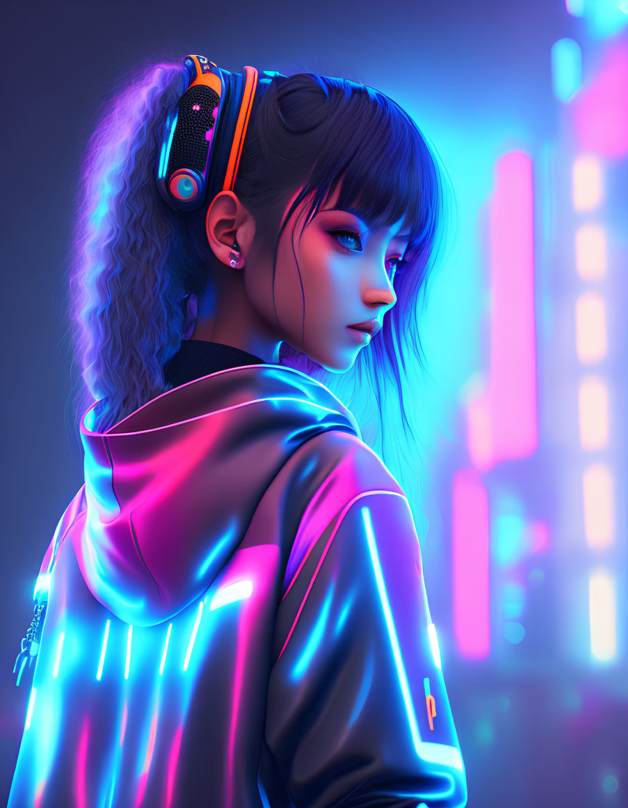 Digital Artwork: Woman with Neon Lighting and Futuristic Cityscape