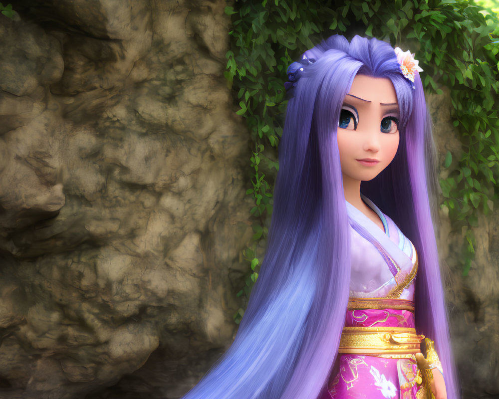 3D animated female character with long purple hair in pink and gold outfit by rock wall