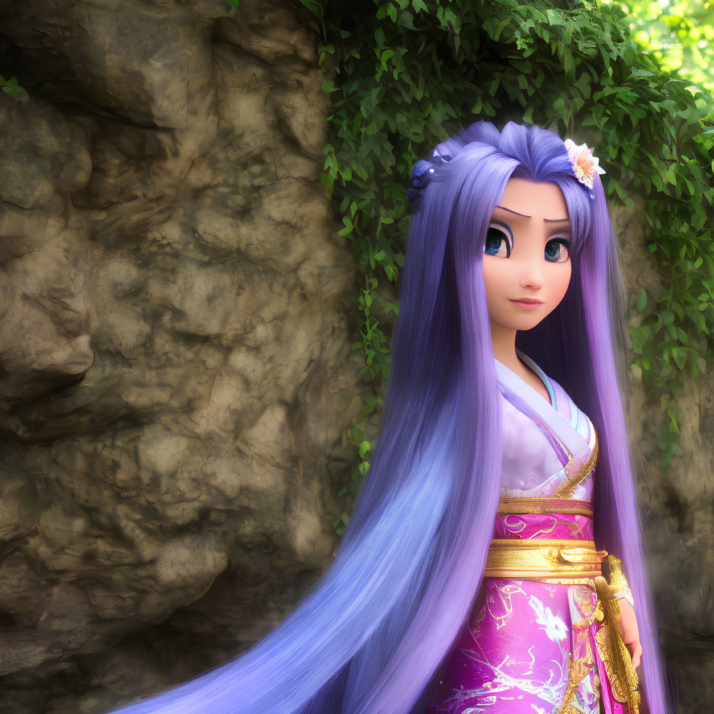 3D animated female character with long purple hair in pink and gold outfit by rock wall